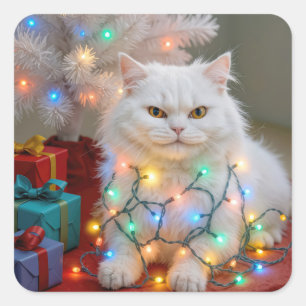 Kerst Perzische Kat verward in Kerstverlichting Vierkante Sticker
