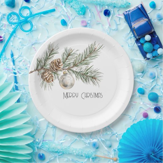 Kerst Pine Cones Branch en Ornament Papieren Bordje (Feest)