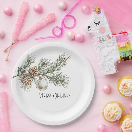 Kerst Pine Cones Branch en Ornament Papieren Bordje (Feest)