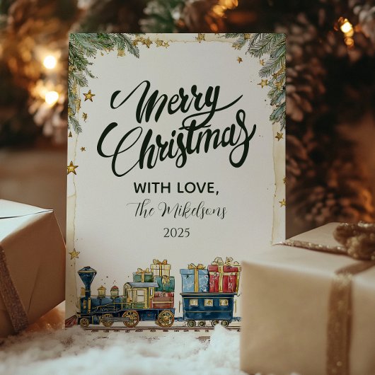 Kerst Pine en Cadeaus Train Feestdagenkaart