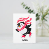 Kerst Pinguïn in een Pet en Sjaal op Schaatsen Briefkaart (Staand voorkant)