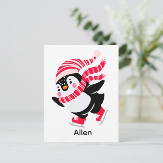 Kerst Pinguïn in een Pet en Sjaal op Schaatsen Briefkaart (Staand voorkant)