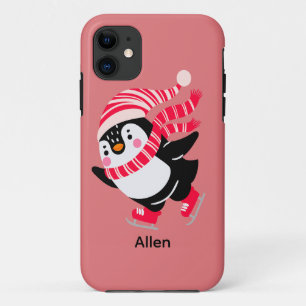 Kerst Pinguïn in een Pet en Sjaal op Schaatsen iPhone 11 Hoesje
