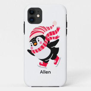 Kerst Pinguïn in een Pet en Sjaal op Schaatsen iPhone 11 Hoesje