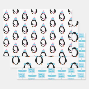 Kerst Pinguïn Sneeuwvlokken Whimsical Inpakpapier Vel