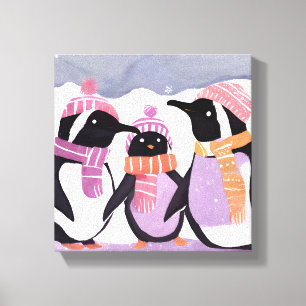 Kerst Pinguïn Vrienden Winter Waterverf Canvas Afdruk