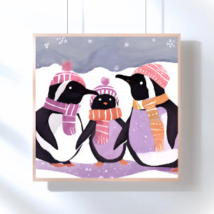Kerst Pinguïn Vrienden Winter Waterverf Perfect Poster