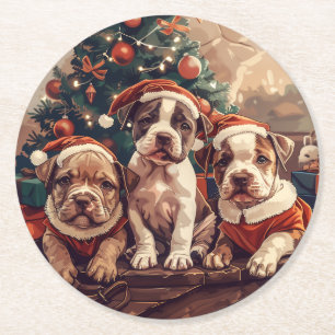 Kerst Pit Bull Puppy Honden Ronde Kartonnen Onderzetter