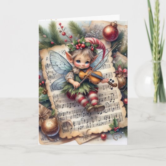 Kerst Pixie Elf Speelt Viool Kaart (Voorkant)