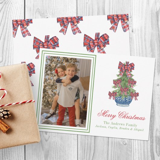 Kerst Plaid Bow Chinoiserie Topiary Tree Foto Feestdagenkaart