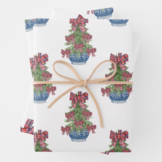 Kerst Plaid Bow Chinoiserie Topiary Tree Inpakpapier Vel (In situ)