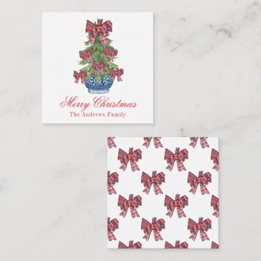 Kerst Plaid Bow Chinoiserie Topiary Tree Notitiekaartje (Voorkant / Achterkant)