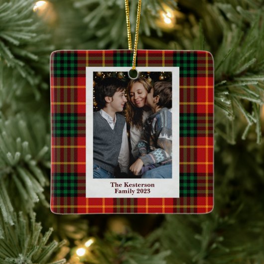 Kerst Plaid Rode Tartan Foto Keramisch Ornament (Boom)