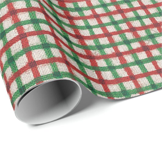 Kerst Plaid Rood Groen Faux Burlap Rustiek Cadeaupapier (Rol Hoek)