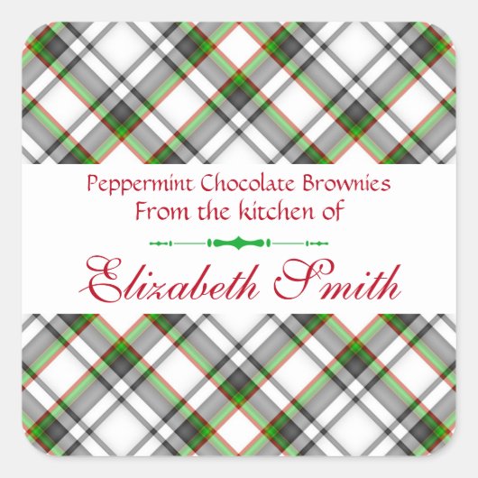 Kerst Plaid, Rood Groen Wit Cookie en traktaties Vierkante Sticker (Voorkant)