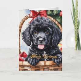 Kerst Poedel puppy in een mand Feestdagen Kaart