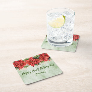 Kerst Poinsettia Bloemen Bloemenfeest Vierkante Kartonnen Onderzetter