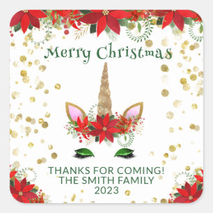 Kerst Poinsettia Eenhoorn Groene Feest Artikelen Vierkante Sticker