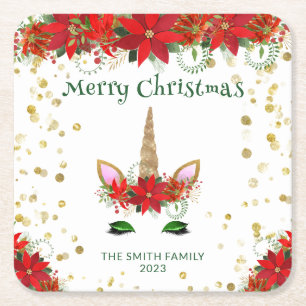 Kerst Poinsettia Eenhoorn met Groene Lettertype Fe Vierkante Kartonnen Onderzetter