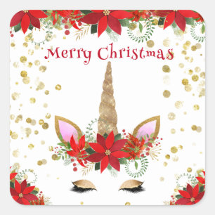 Kerst Poinsettia Eenhoorn met Rode Feest Artikelen Vierkante Sticker