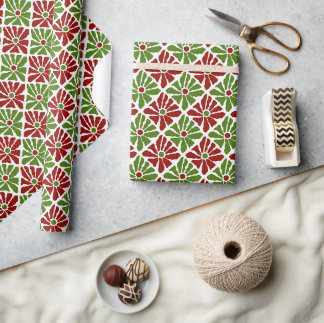 Kerst Poinsettia Funky Bloemen Rood en Groen Cadeaupapier