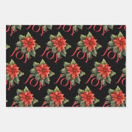 KERST POINSETTIA, HOLLY, CANDY CANE OP ZWART INPAKPAPIER VEL (Voorkant)