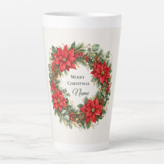 Kerst Poinsettia Krans met Aangepaste Naam Latte Mok