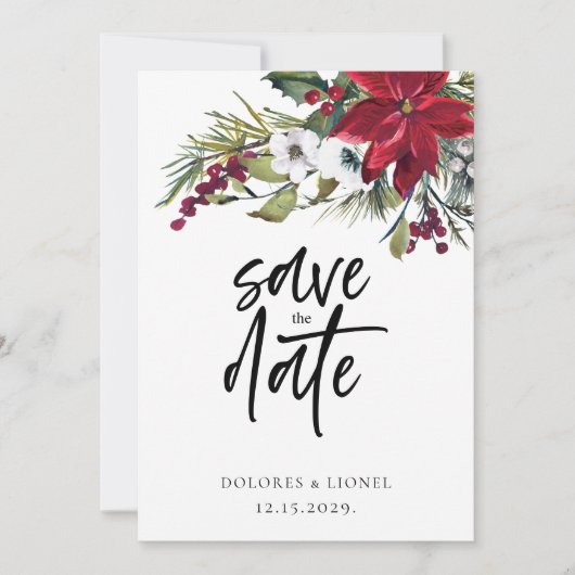 Kerst Poinsettia Script Trouwen Bewaar de datum Save The Date (Voorkant)