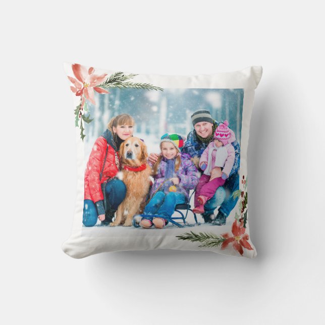 Kerst Poinsettia Waterverf Botanische Foto Kussen (Voorkant)