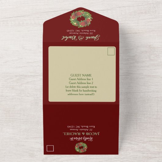 Kerst Poinsettias Bruiloft Groen & Rood All In One Uitnodiging (Buitenkant)