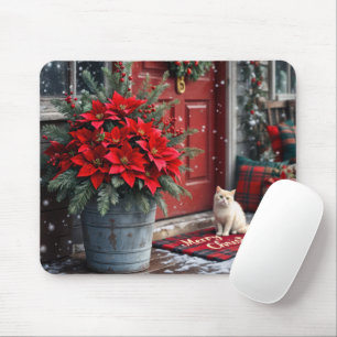 Kerst Poinsettia's en Witte Kat Muismat
