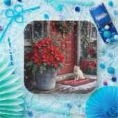 Kerst Poinsettia's en Witte Kat Op Deurmat Papieren Bordje (Feest)