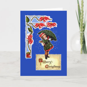 Kerst, Poinsettias, Meisje met paraplu, Sneeuw Feestdagen Kaart
