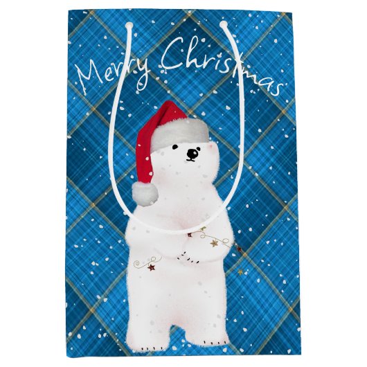 Kerst Polar Beer op Blue Plaid Medium Cadeauzakje (Voorkant)