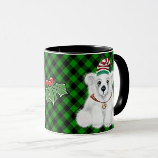 Kerst polar beer welp classic groen plaid mok (Voorkant rechts)