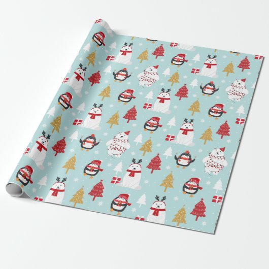 Kerst Polar Beren en Pinguïns Cadeaupapier (Uitgerold)