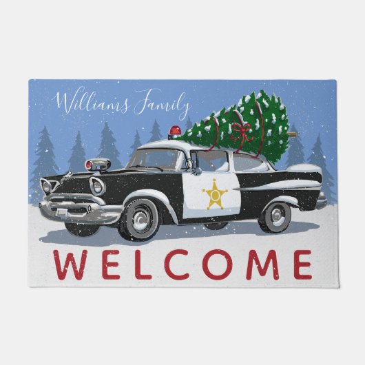 Kerst  Politie Auto Monogram Naam Welkom Deurmat (Voorkant)