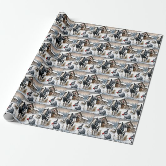 Kerst Pony en konijn met een appel Cadeaupapier (Uitgerold)