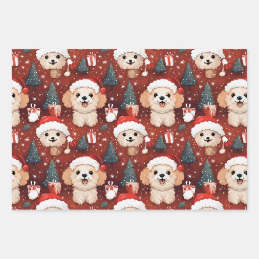 Kerst Poodle Wrapping Papier Set van 3 Inpakpapier Vel (Voorkant)
