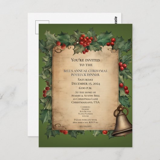 Kerst Potluck Diner Oude Wereld Scroll Uitnodiging (Voorkant / Achterkant)