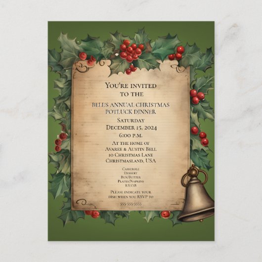 Kerst Potluck Diner Oude Wereld Scroll Uitnodiging (Voorkant)