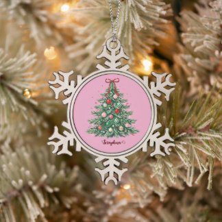 Kerst Preppy Coquette Boom met Strikken Naam Toevo Tin Sneeuwvlok Ornament
