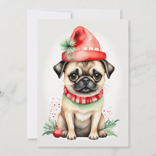Kerst Pug met Rood Pet Platte Vakantie Kaart