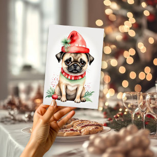 Kerst Pug met Rood Pet Platte Vakantie Kaart