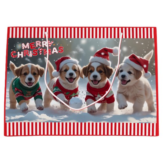 Kerst Puppies in Truien Spelen in Sneeuw Groot Cadeauzakje (Voorkant)