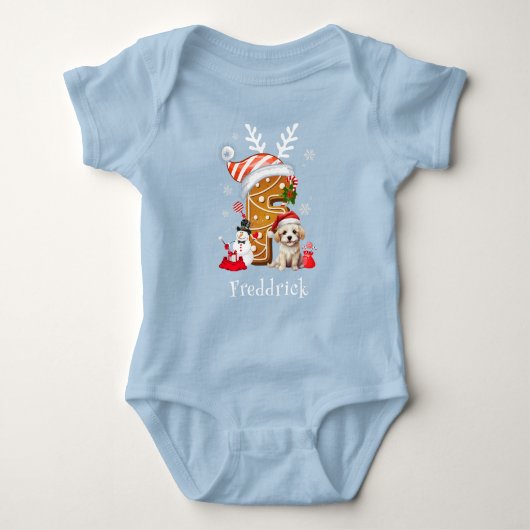 Kerst Puppy Gingerbread Naam Letter F Jongen Romper (Voorkant)