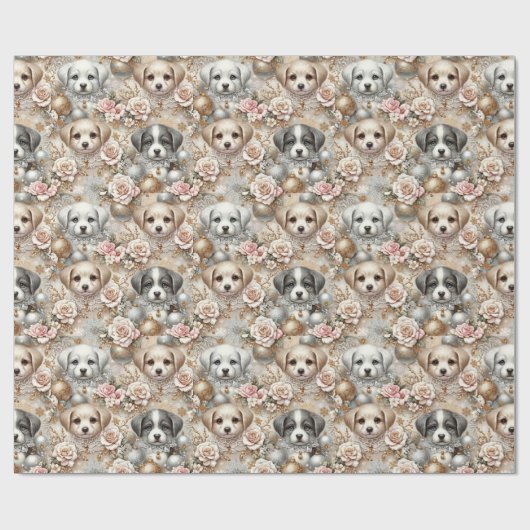 Kerst Puppy Wrapping Papier - Schattig Hondengezic (Vlak)