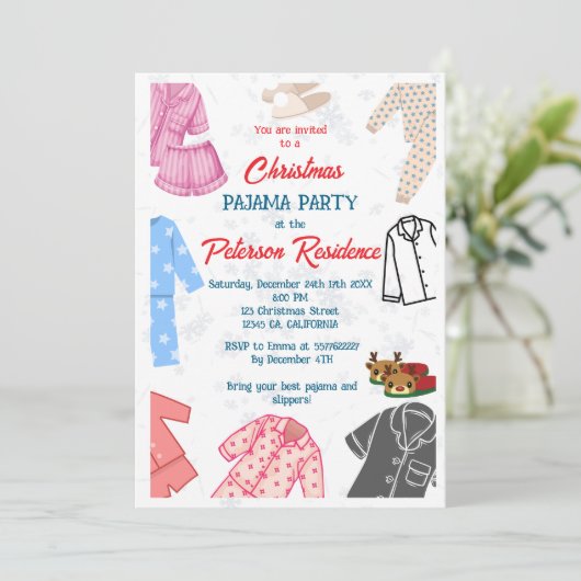 Kerst pyjama feest leuke kinder uitnodiging (Staand voorkant)