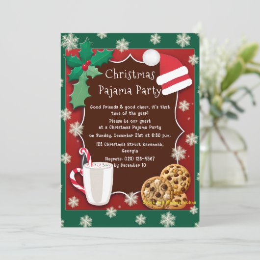 Kerst Pyjama Party uitnodiging Groen en rood (Staand voorkant)