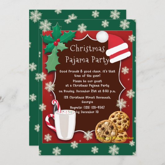 Kerst Pyjama Party uitnodiging Groen en rood (Voorkant / Achterkant)
